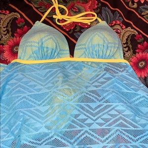 neon yellow w/blue bikini top and bottom